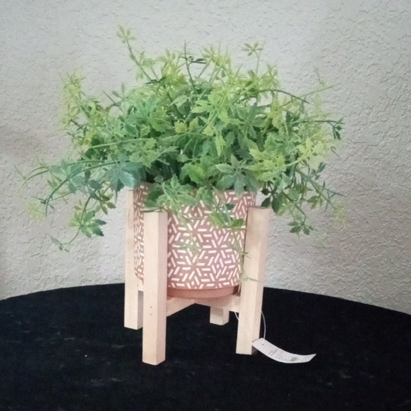 Faux Herb Plant/Tan and Cream  Accent Ceramic Planter with Stand - Picture 1 of 4